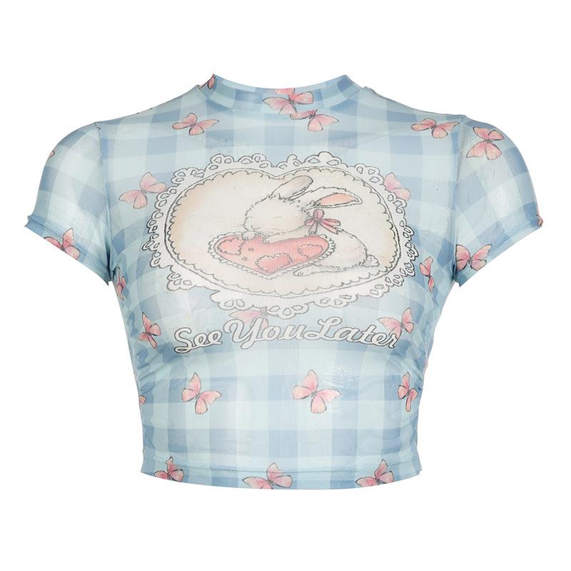 Short sleeve sheer mesh rabbit print plaid crop top