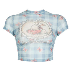 Short sleeve sheer mesh rabbit print plaid crop top