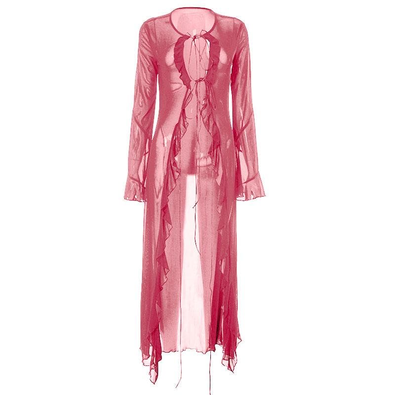 Flared sleeve ruffle sheer mesh see through self tie maxi dress  | samba dress