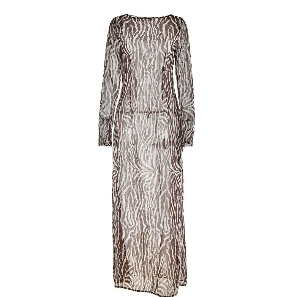 Sheer mesh see through zebra print long sleeve zip-up contrast maxi dress  | red tango dress  | samba dress
