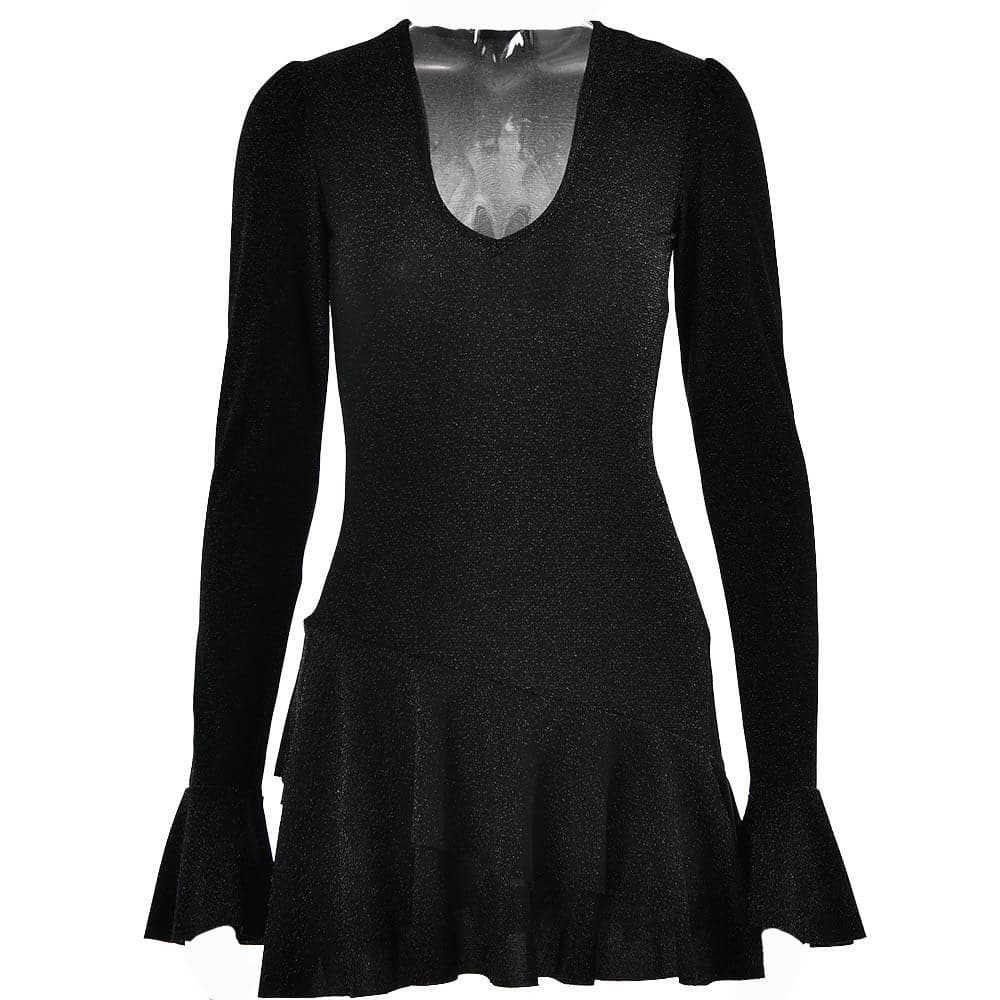 Textured v neck ruffle irregular long flared sleeve mini dress  | red tango dress