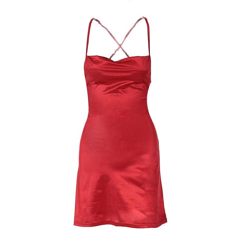 Cross back solid satin cowl neck lace up self tie backless mini dress  | red tango dress  | black rave dress  | black rave dress