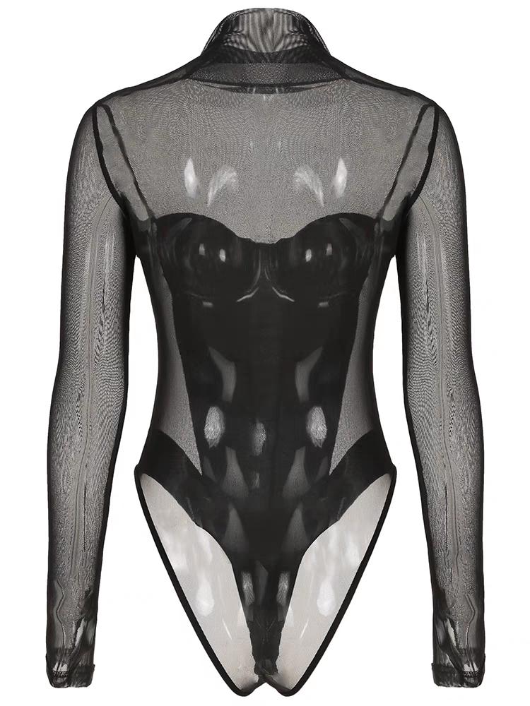 High neck long sleeve mesh bustier bowknot bodysuit