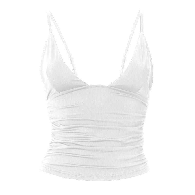 Ruched v neck solid backless cami top