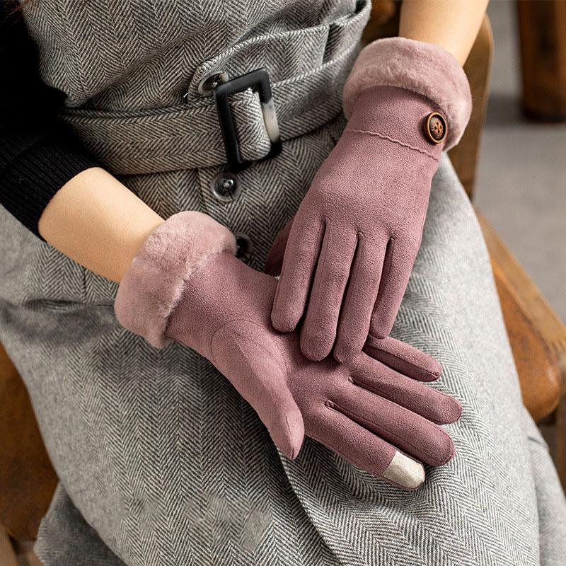 Touch screen windproof fluffy button gloves