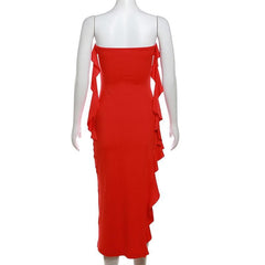 Ruffle high slit ruched irregular solid tube midi dress  | red tango dress