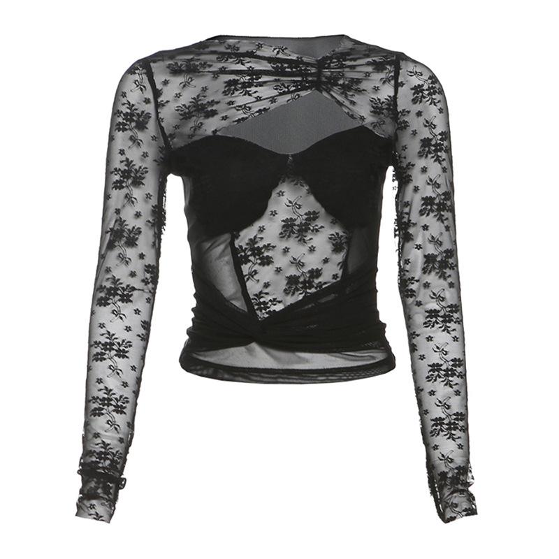 Long sleeve hollow out ruched lace top