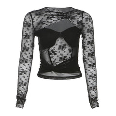 Long sleeve hollow out ruched lace top