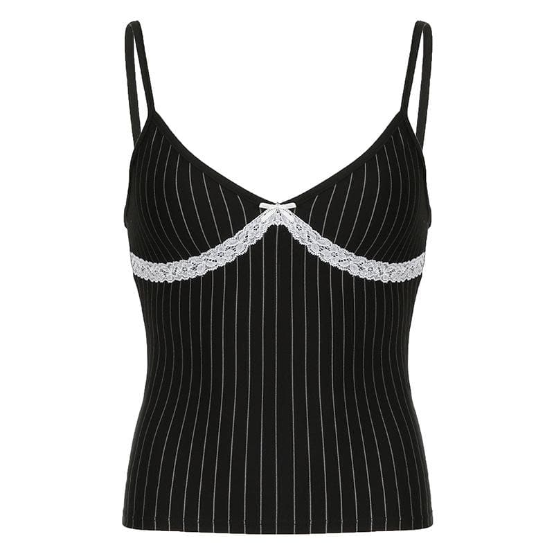 Bowknot lace hem striped v neck cami top