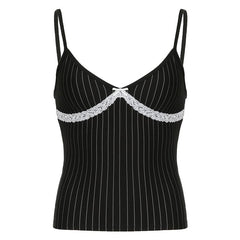 Bowknot lace hem striped v neck cami top