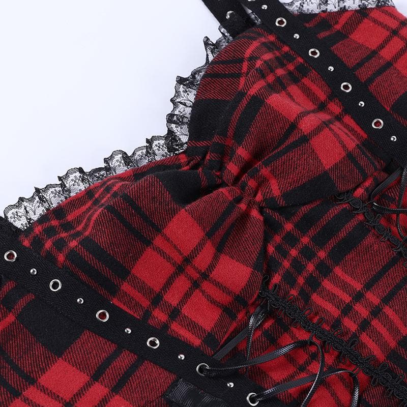 Backless ruched lace hem plaid lace up zip-up mini dress  | red tango dress