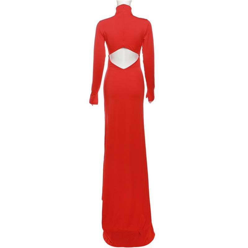 Hollow out solid long sleeve high neck zip-up maxi dress  | red tango dress