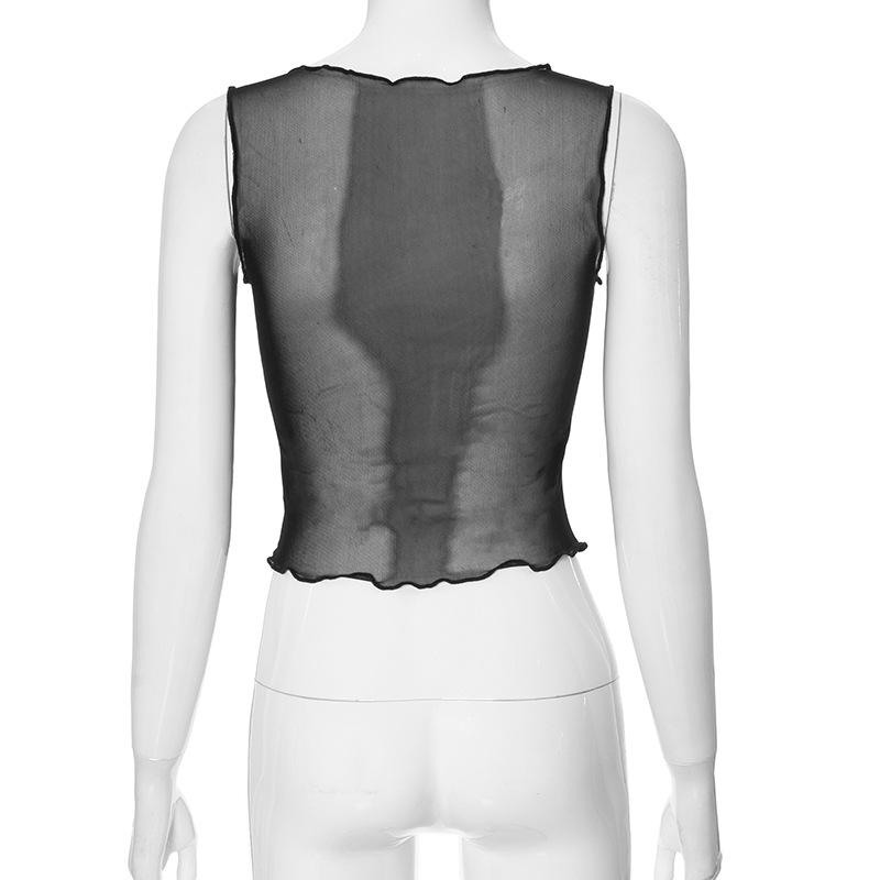 Ruffle print sheer mesh square neck tank top