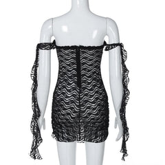 Off shoulder ruffle lace bowknot see through mini dress
