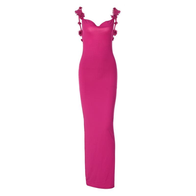 Flower applique cowl neck backless solid maxi dress  | red tango dress