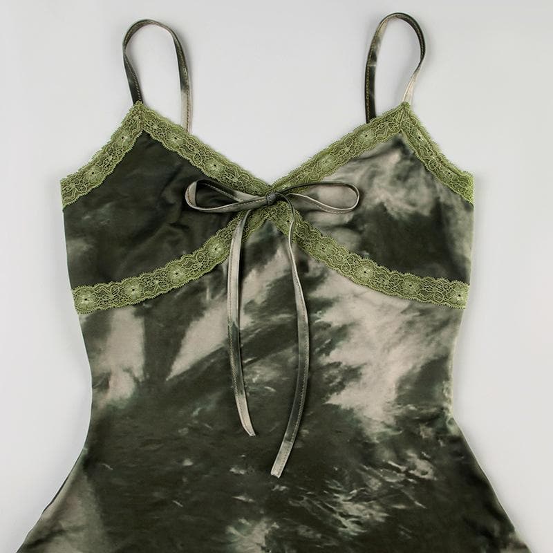 Tie dye lace hem bowknot v neck cami mini dress