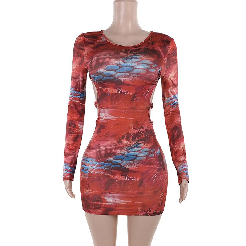 Long sleeve o ring cross front abstract mini dress
