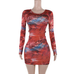 Long sleeve o ring cross front abstract mini dress