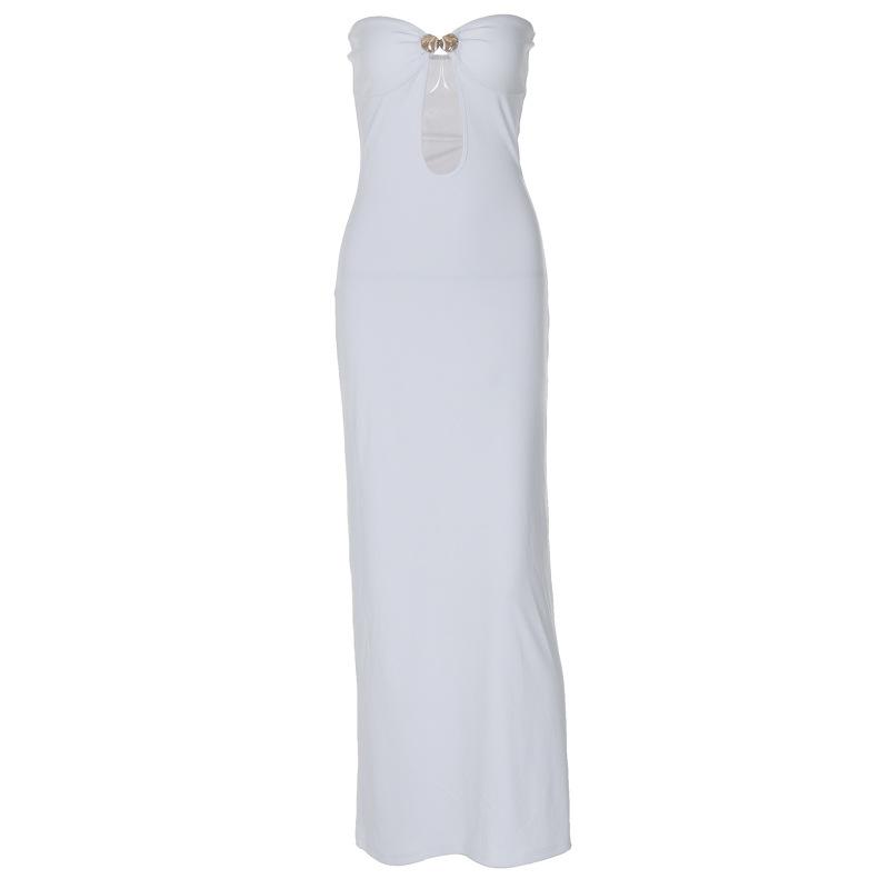 Sweetheart neck shell metal tag button hollow out tube maxi dress