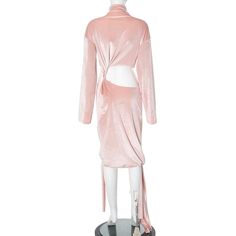 High neck long sleeve velvet hollow out knotted midi dress