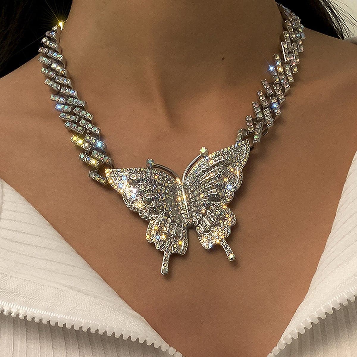 Butterfly pendant rhinestone cuban necklace