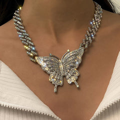 Butterfly pendant rhinestone cuban necklace