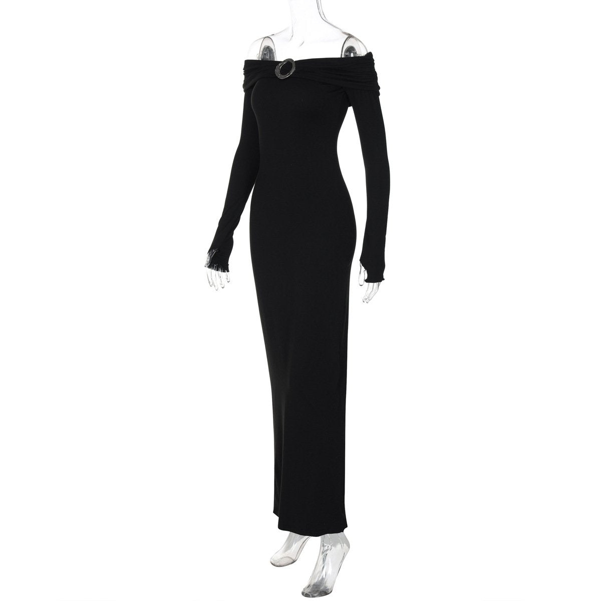Off shoulder long sleeve slit o ring maxi dress