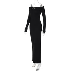 Off shoulder long sleeve slit o ring maxi dress