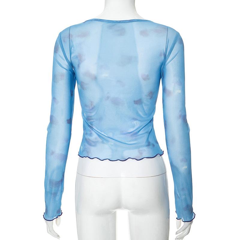 Long sleeve heart pattern ruffle sheer mesh top