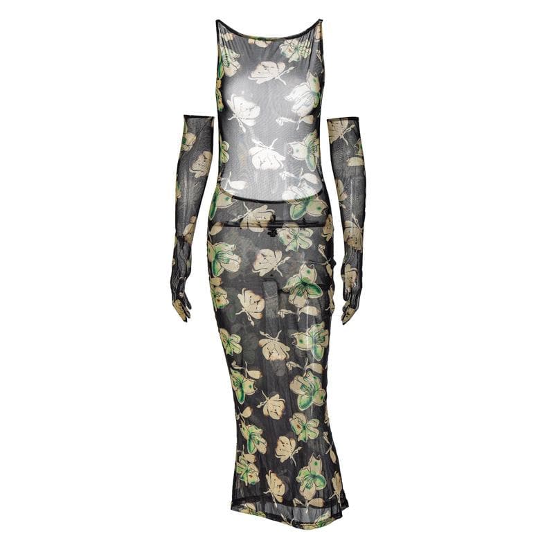 Sheer mesh sleeveless gloves backless flower pattern midi dress  | samba dress