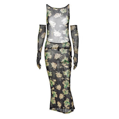 Sheer mesh sleeveless gloves backless flower pattern midi dress  | samba dress