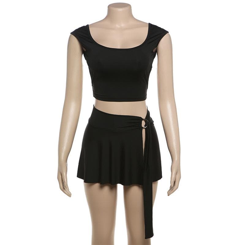 U neck backless o ring solid mini skirt set