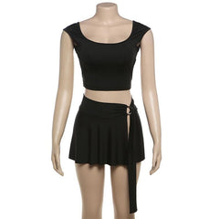 U neck backless o ring solid mini skirt set