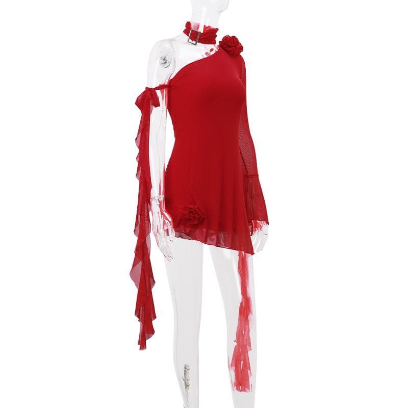 Long flared sleeve one shoulder ruffle flower applique mesh mini dress  | red tango dress