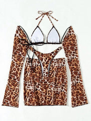 Contrast long sleeve halter self tie mini skirt 4 piece swimwear