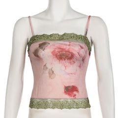 Lace hem flower print backless cami top