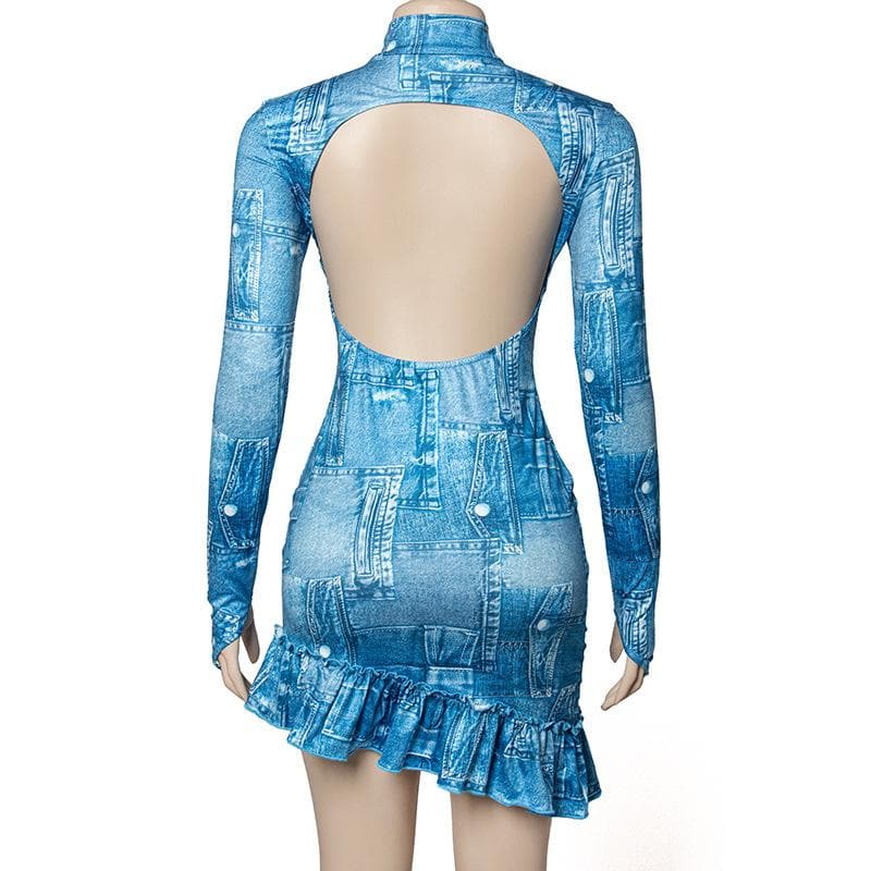 Ruffle long sleeve denim print backless high neck mini dress