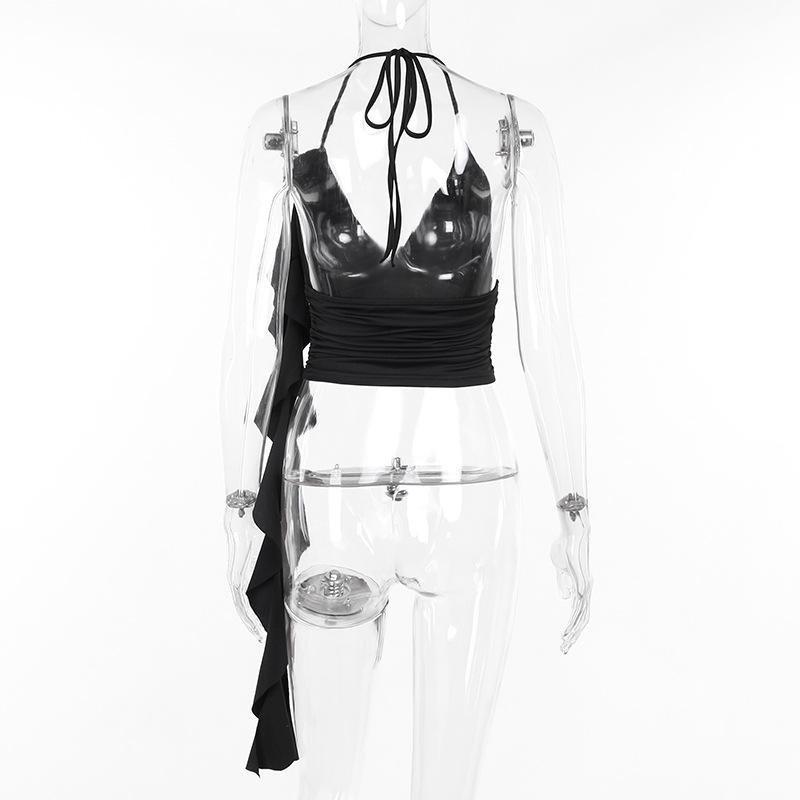 Halter v neck ruffle backless crop top