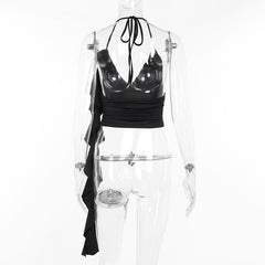 Halter v neck ruffle backless crop top