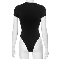 Short sleeve cross front hollow out solid bodysuit
