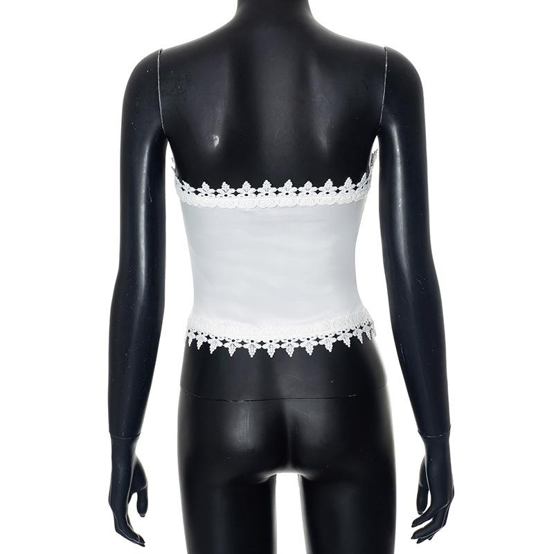 Cross print lace hem backless tube top