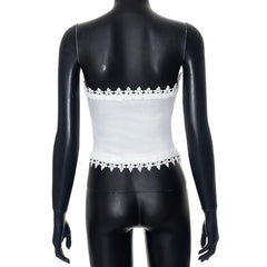 Cross print lace hem backless tube top
