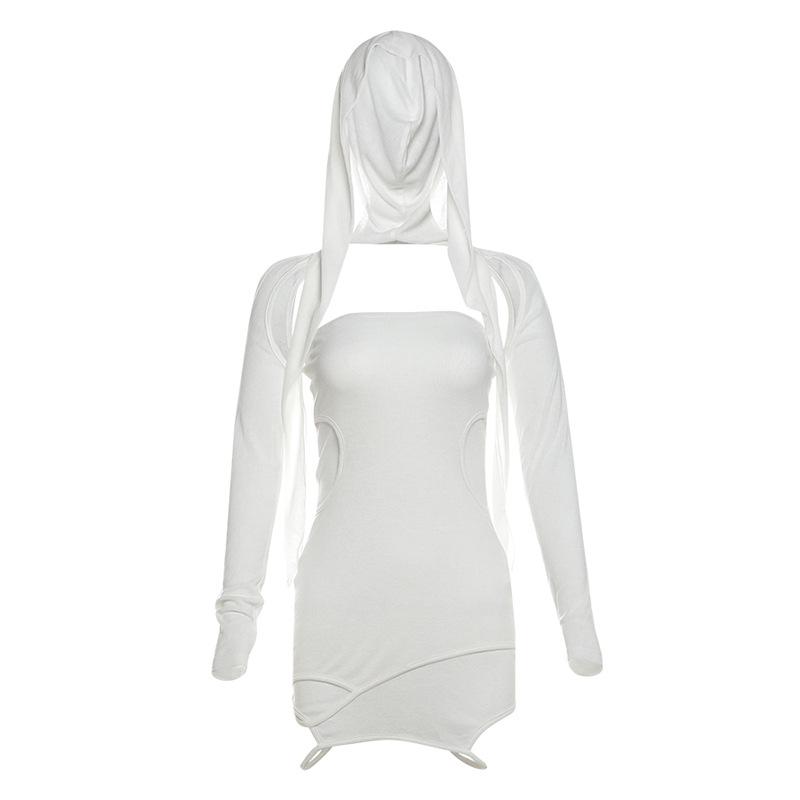 Hoodie long sleeve hollow out shrug mini skirt set