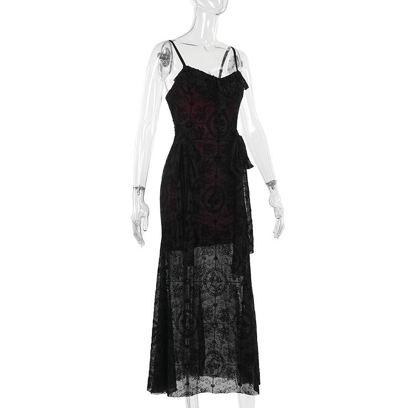 V neck ruffle mesh cami maxi dress  | red tango dress