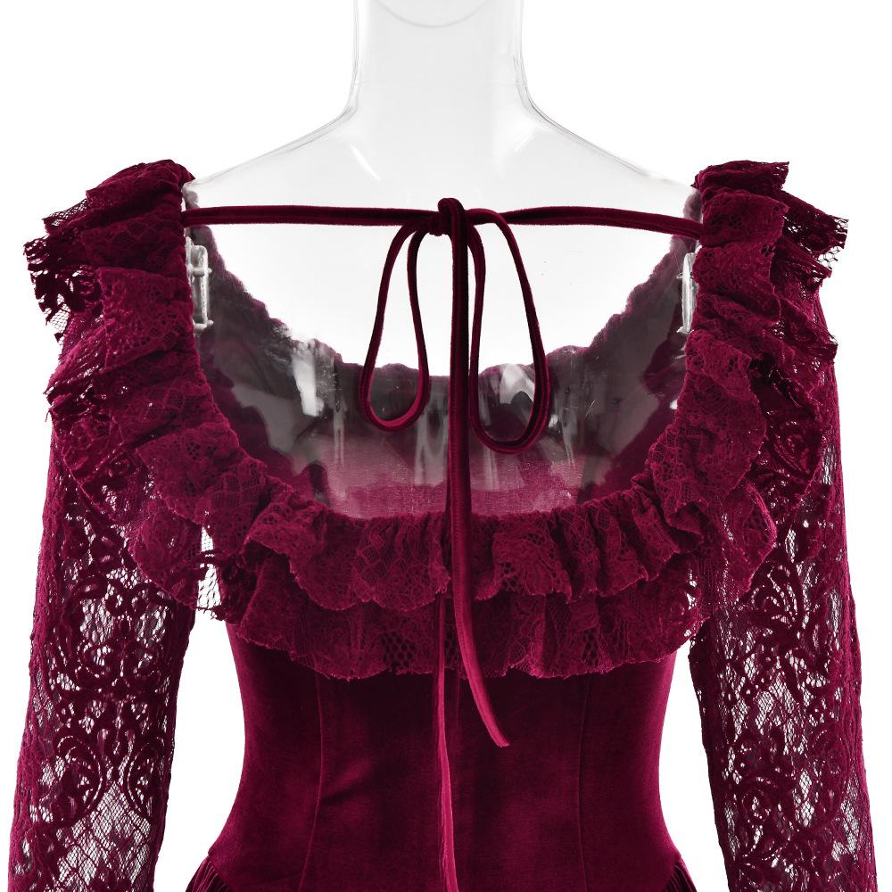 Long sleeve lace velvet self tie mini dress