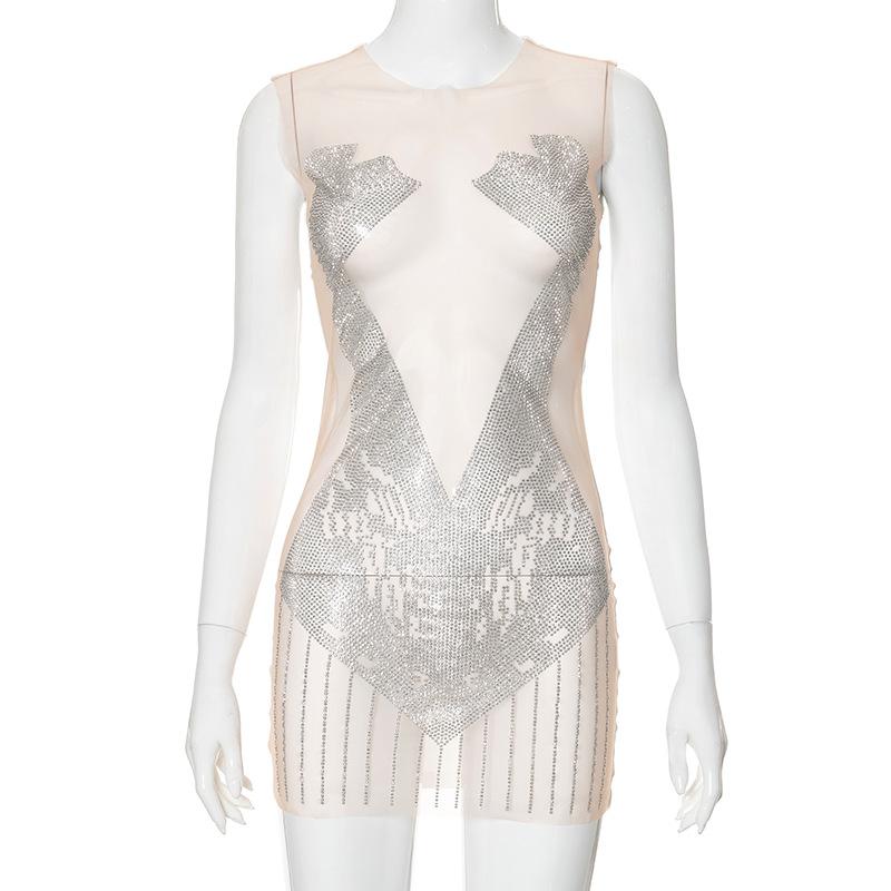Sleeveless crewneck beaded mesh patchwork see through mini dress
