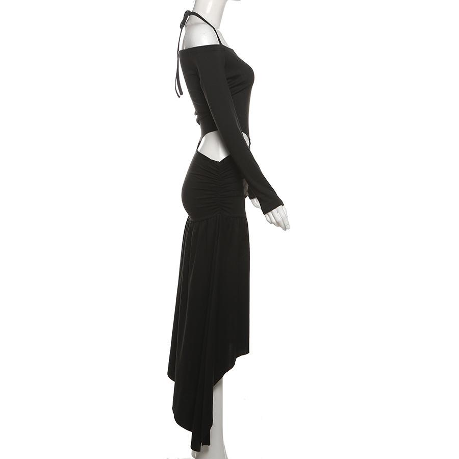 Halter long sleeve off shoulder hollow out maxi dress