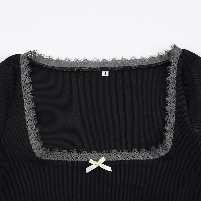 Short sleeve halter lace hem bowknot ribbed 2 piece top
