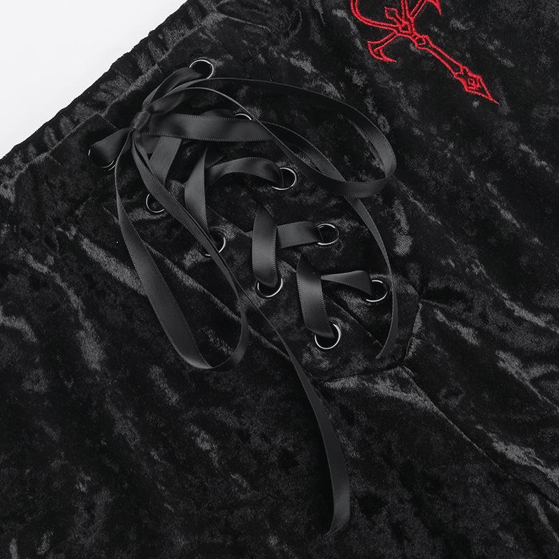 Lace up velvet embroidery medium rise pant