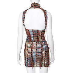 High neck textured backless hollow out cut out mini dress  | red tango dress